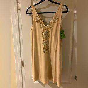 NEW WITH TAGS Lilly Pulitzer Fia Dress Sand Dune Embellished Gold Beige Medium